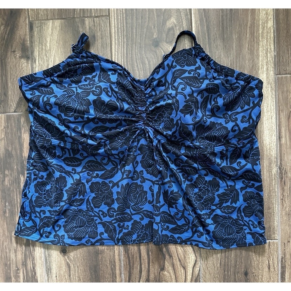 Lands End Blue‎ Black Floral Underwire Tankini Swim Top 26W DDD Plus Size